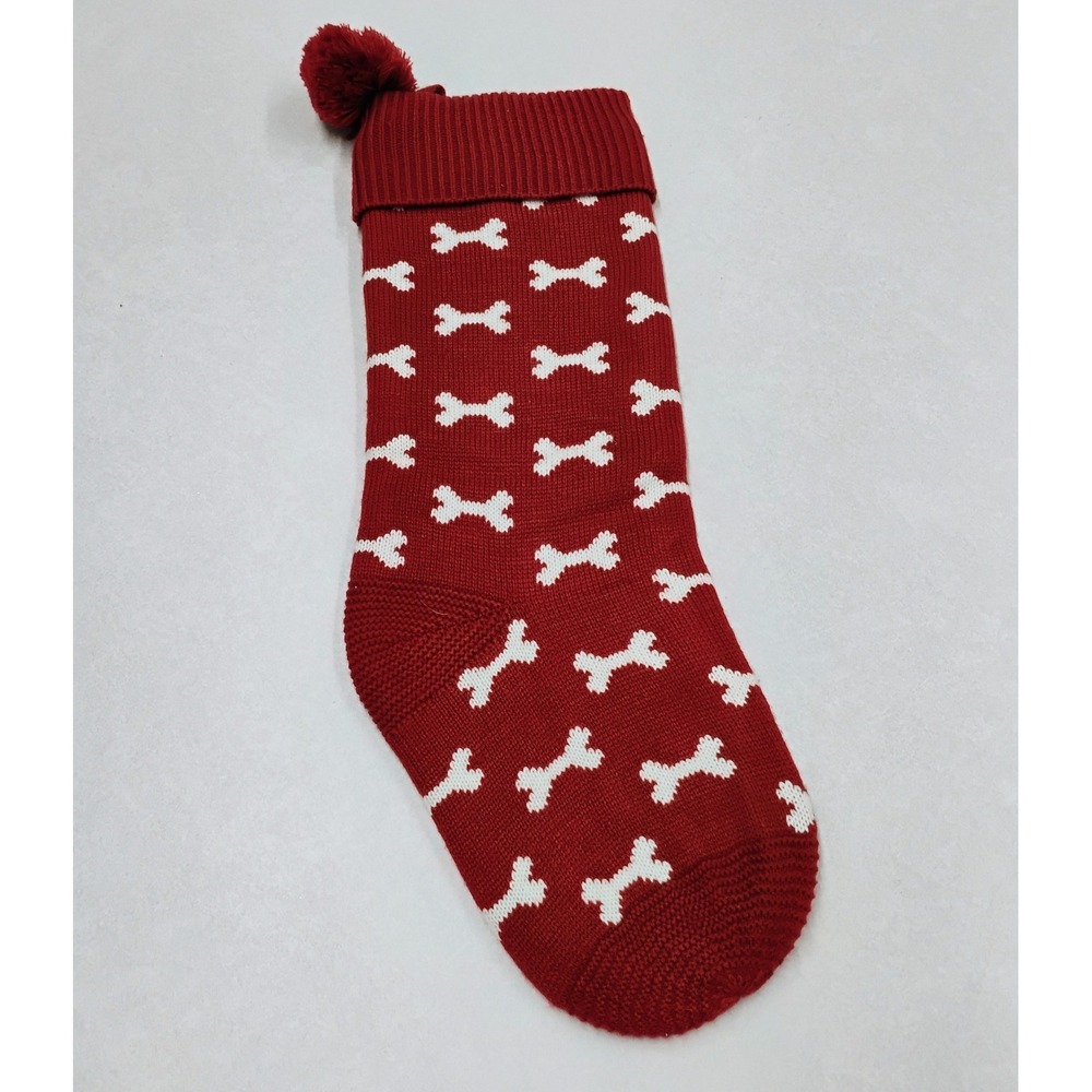 L.L.Bean Dog Bone Christmas Stocking Red Knit Pom Pom Lined
